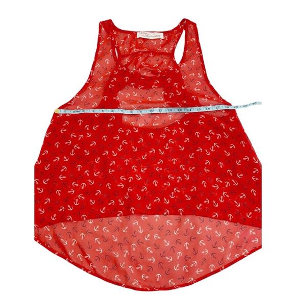 Vintage Havana Red White & Blue Sheer Anchor Print Ruffle Cut Out Back Top, M* - Picture 7 of 10